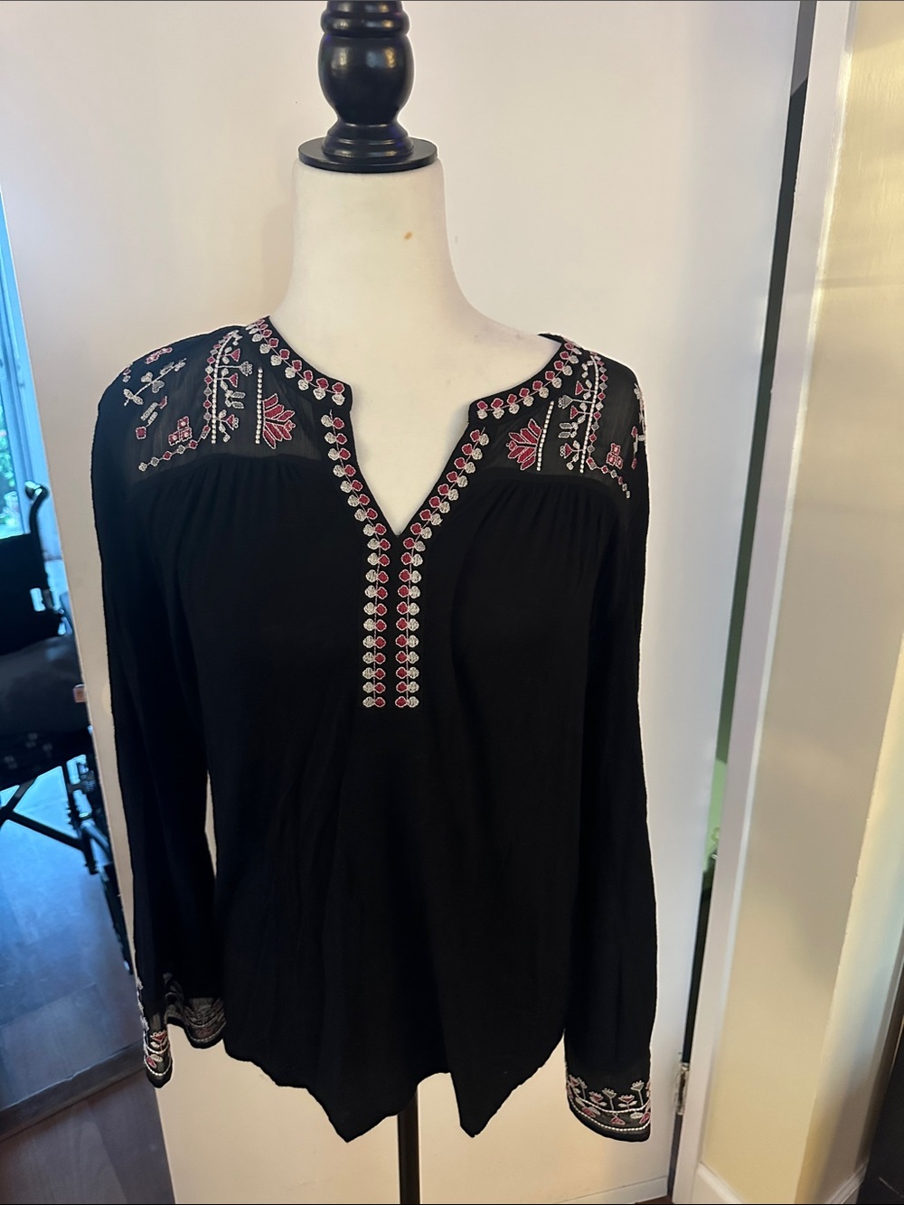 Black Embroidered V-Neck Women's Top with Pink Accents